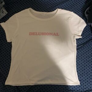 White T-Shirt with Pink 'Delusional' Print